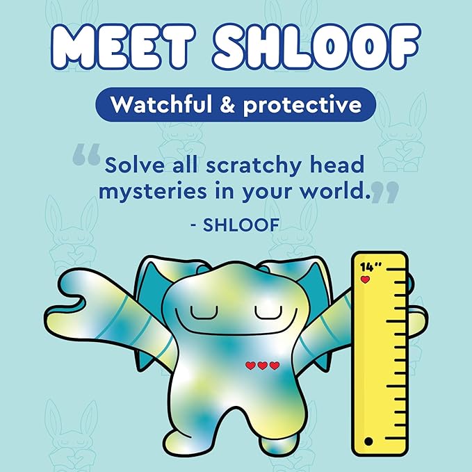 Illustration of a blue and green creature named Shloof holding a ruler, with text: "Watchful &amp; protective" and "Solve all scratchy head mysteries in your world." 