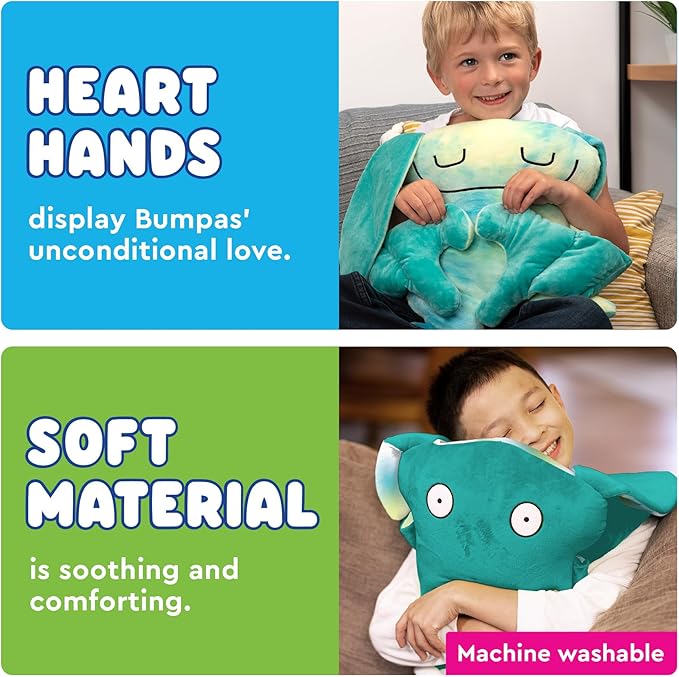 Children cuddling their Cuddle Pal, enjoying the unconditional love and soothing, soft material of these weighted plush toys. Perfect for cozy moments, a Bumpas is there to hug you back with warmth and comfort.