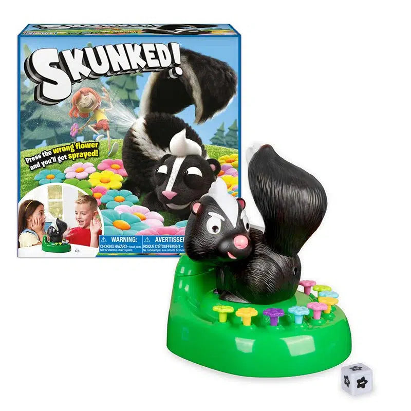 The "Skunked! Game" by Epoch Everlasting Play features a playful toy skunk amidst vibrant flowers and a dice. Perfect for playful afternoons, this skunk-themed board game promises fun and surprises with every roll, capturing the essence of Spray Skunk antics in its delightful design.