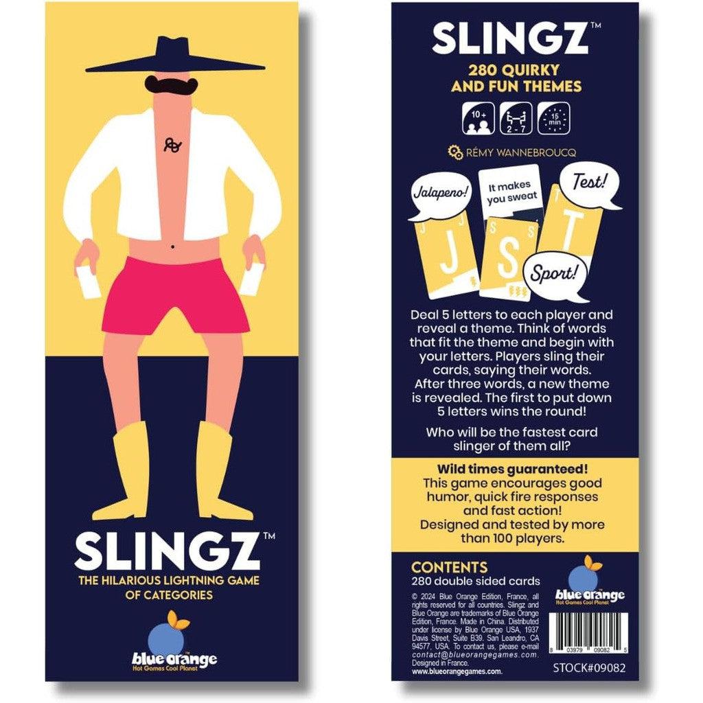 The box cover and back of the Blue Orange Slingz card game feature a cartoon cowboy with cards and drinks, offering a lively glimpse into this dynamic word card party game. Dive into the fun world of Toys &amp; Games with engaging instructions and thrilling gameplay details.