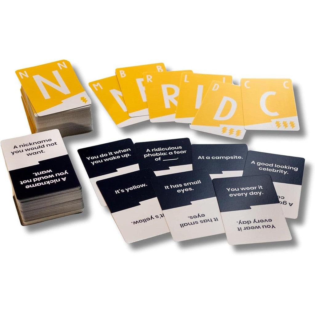 Experience the excitement of the Word Card Party Game, where yellow cards flaunt letters and black-and-white cards reveal quirky phrases. Discover gems like "It's yellow," "A good-looking celebrity," or even a nickname you'd never want in this thrilling addition to Blue Orange Slingz Games.