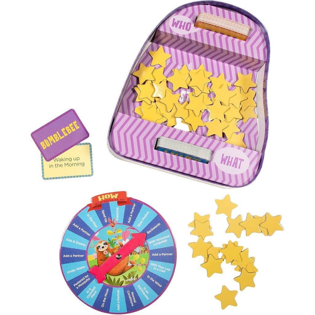 Children's board game set featuring a purple striped spinner, yellow star pieces, and a “Waking up in the Morning” activity card. Inspired by "Sloth in a Hurry," this action game promises endless fun and excitement for little ones.