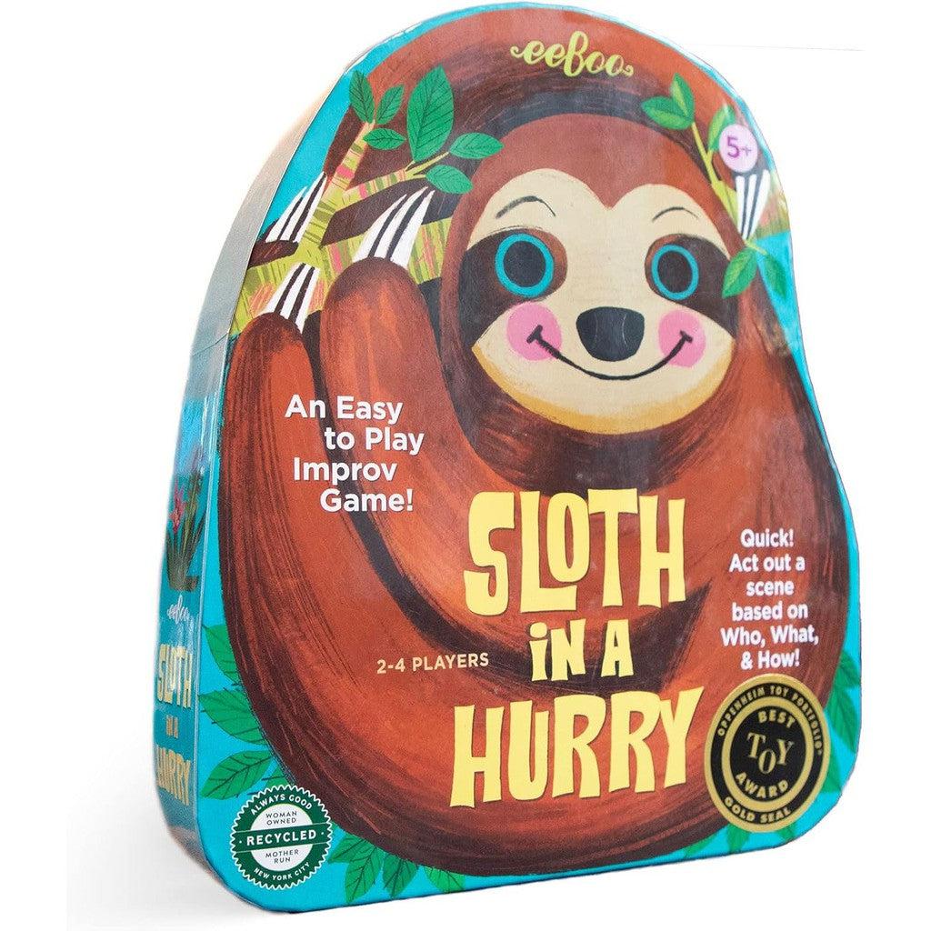 Sloth in a Hurry" game box showcases a cartoon sloth hanging on a tree, sparking creativity and imagination. Designed for 2-4 players aged 5 and up, it includes instructions for an easy improv game that fuels endless fun.