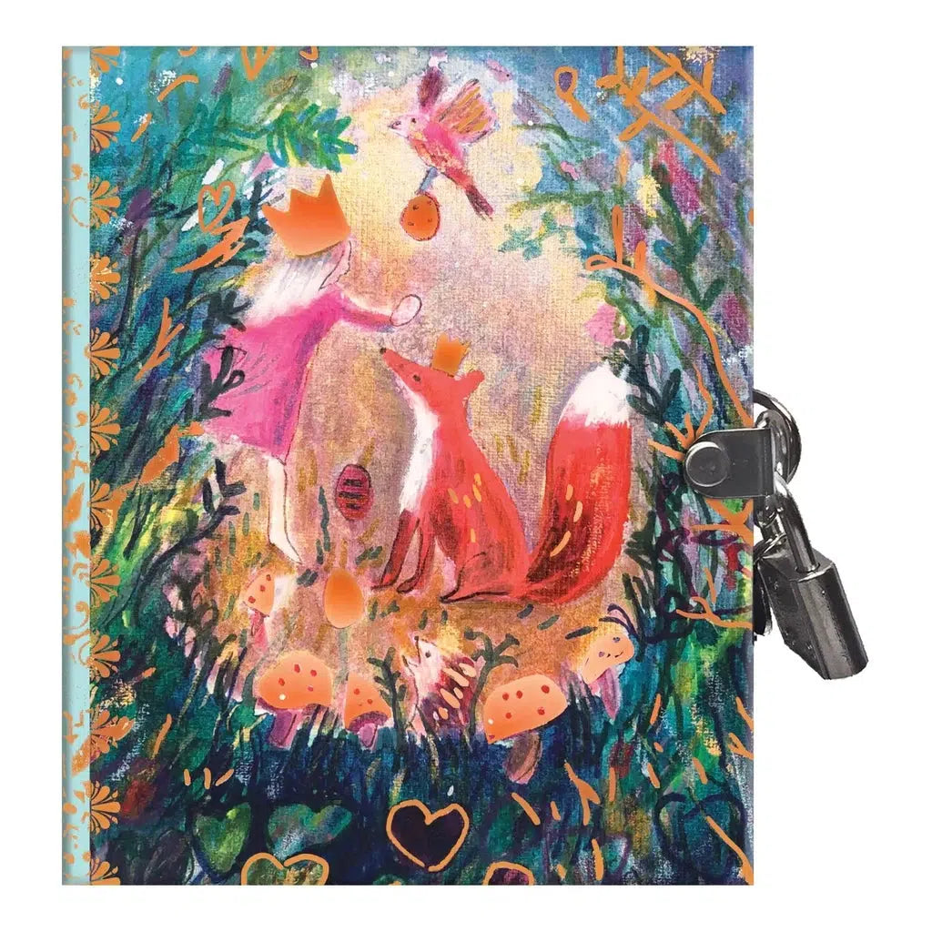 small claire journal featuring an illustration of a girl and a fox with a bird and other whimsical woodland creatures