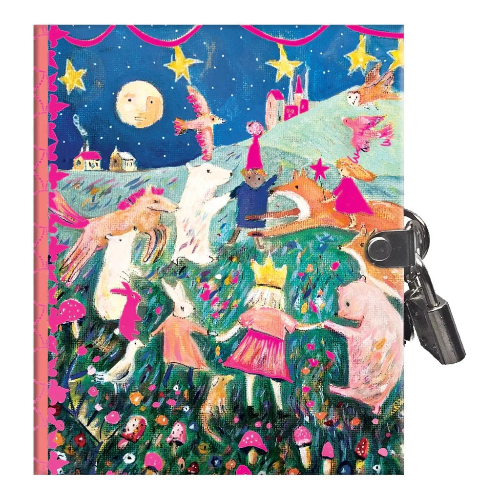 small claire journal with two children dancing under a night sky with animals in a whimsical illustration