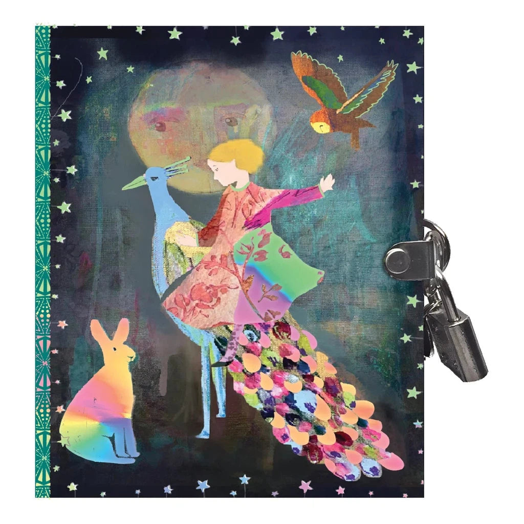 small claire journal with illustration of girl riding a peacock next to an owl and a rainbow rabbit