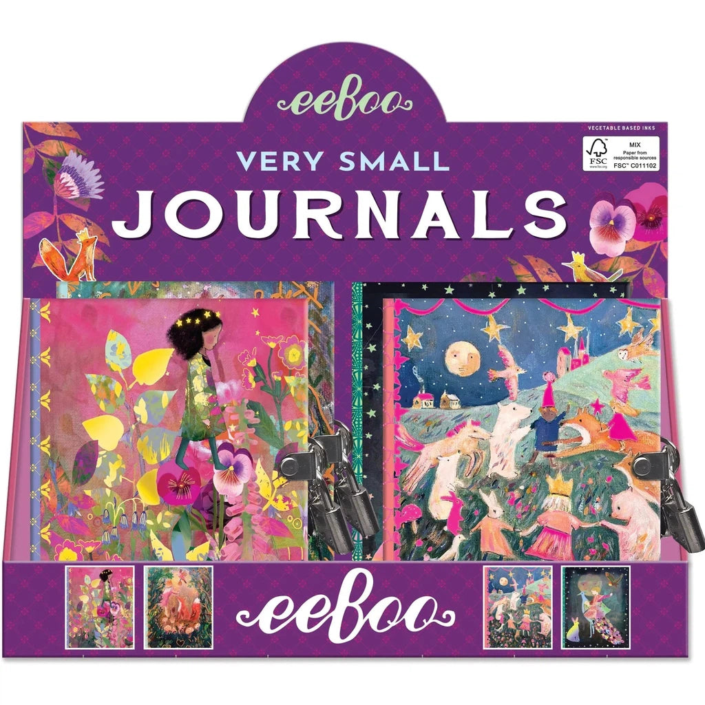 Small journal assortment by eeboo featuring feminine whimsical illustrations and all in a purple, floral display