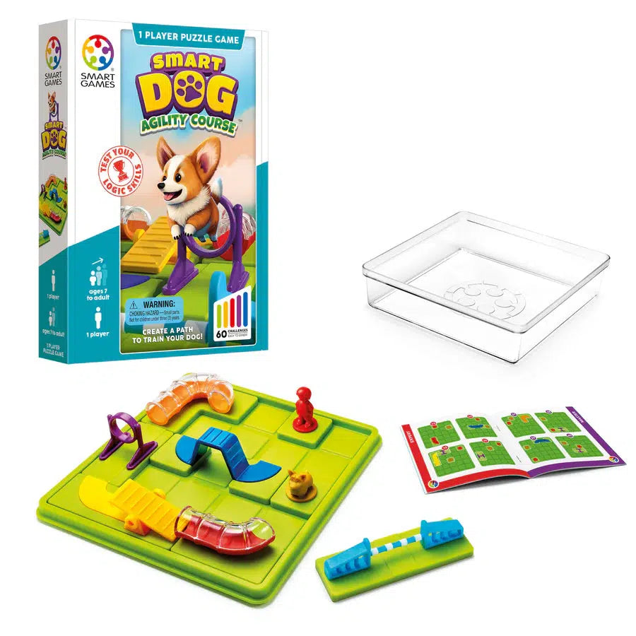 Smart Dog Agility Course puzzle game set featuring brain games with box, game board, pieces, and an instruction booklet displayed.