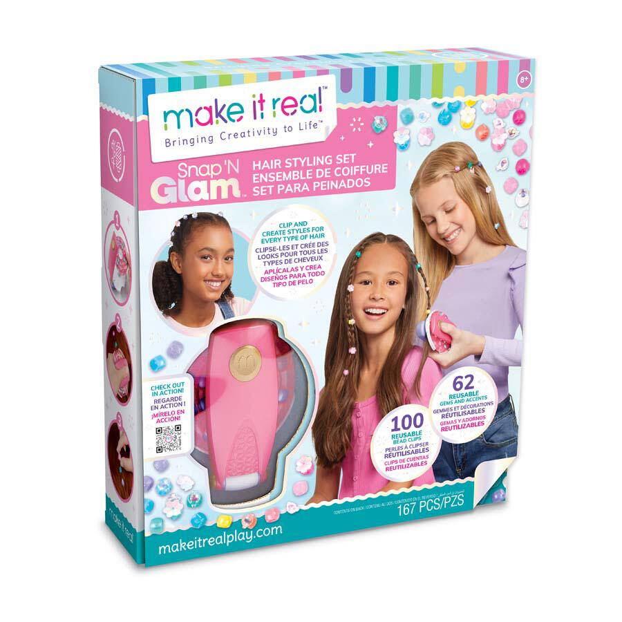 The Snap 'N Glam Hair Styling Set box showcases three girls using the tool. 