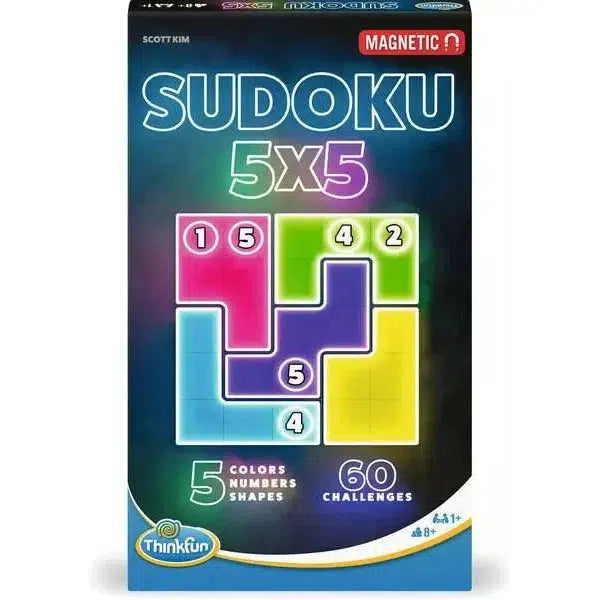 A magnetic Sudoku 5x5 puzzle box by ThinkFun, featuring colorful numbered tiles and advertising 60 challenges for ages 8 and up.