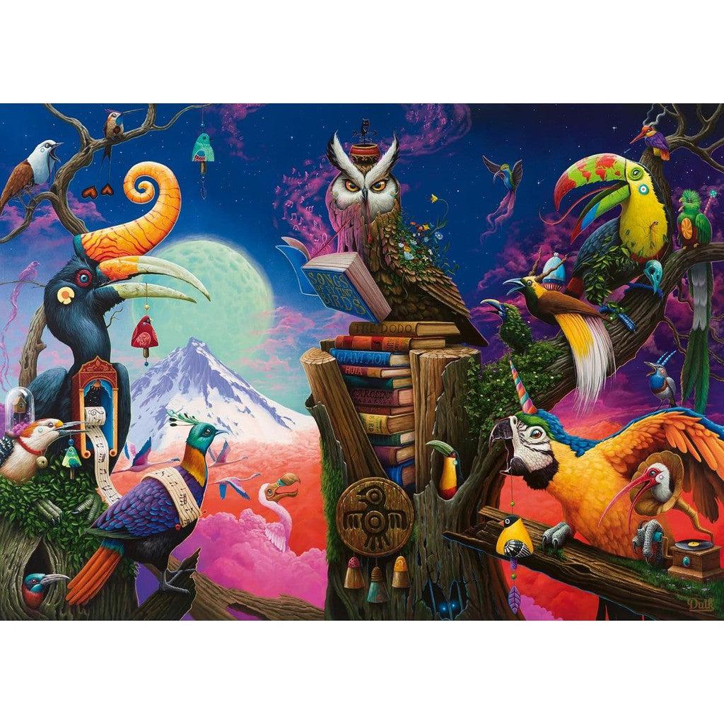 Experience the surreal charm of colorful birds engrossed in literature, nestled among trees beneath a vibrant sky with a full moon and distant mountain. This enchanting scene, reminiscent of Ravensburger’s 'Songs of Extinct Birds' 1000-piece jigsaw puzzle, captivates with its imaginative beauty.