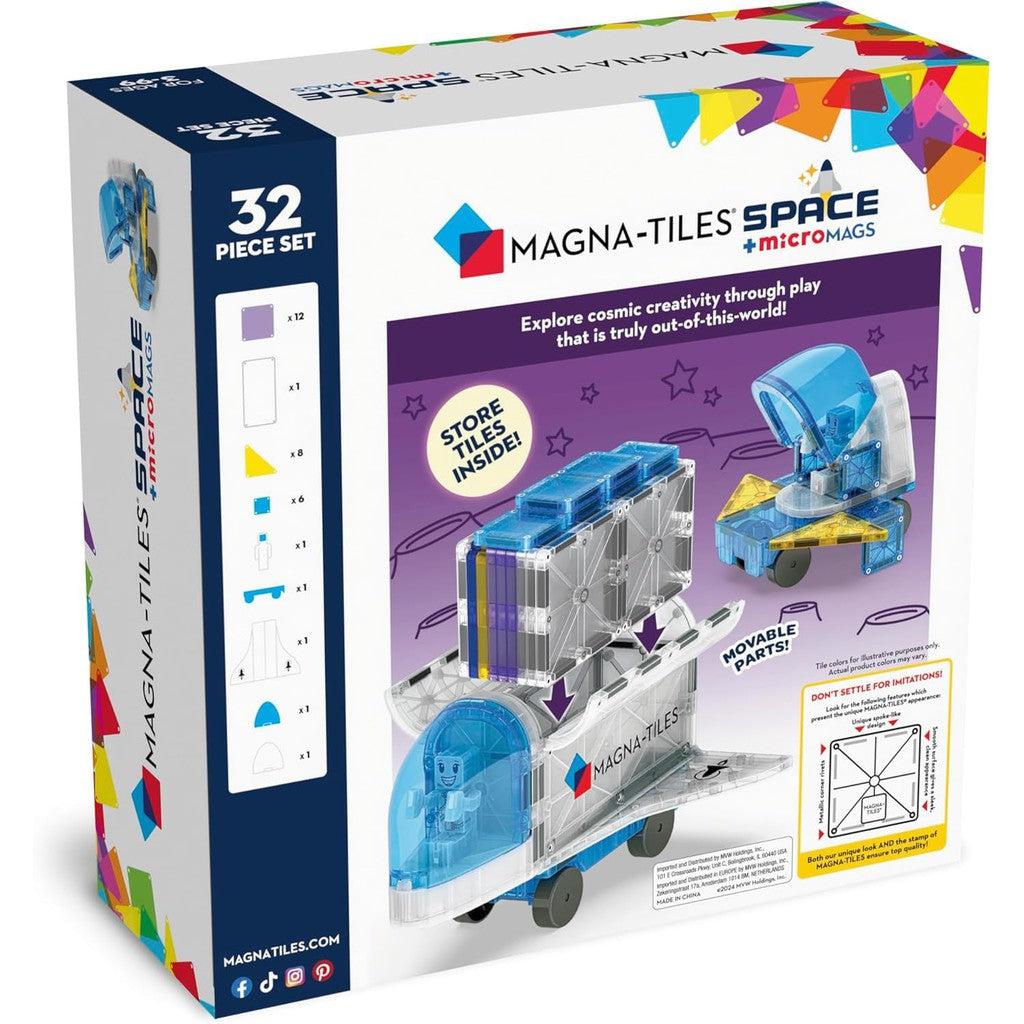 This box of MAGNA-TILES Space set includes 32 pieces, featuring an illustrated rocket. Text highlights creative play and movable parts, making it the perfect magnetic construction set to ignite young imaginations.