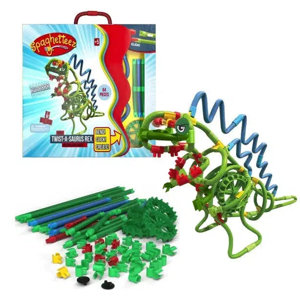 Toy building set called "Twist-a-Saurus Rex" by Spaghetteez, featuring a dinosaur model with colorful interlocking pieces and a spiral tail. Includes 64 pieces and a carrying case.