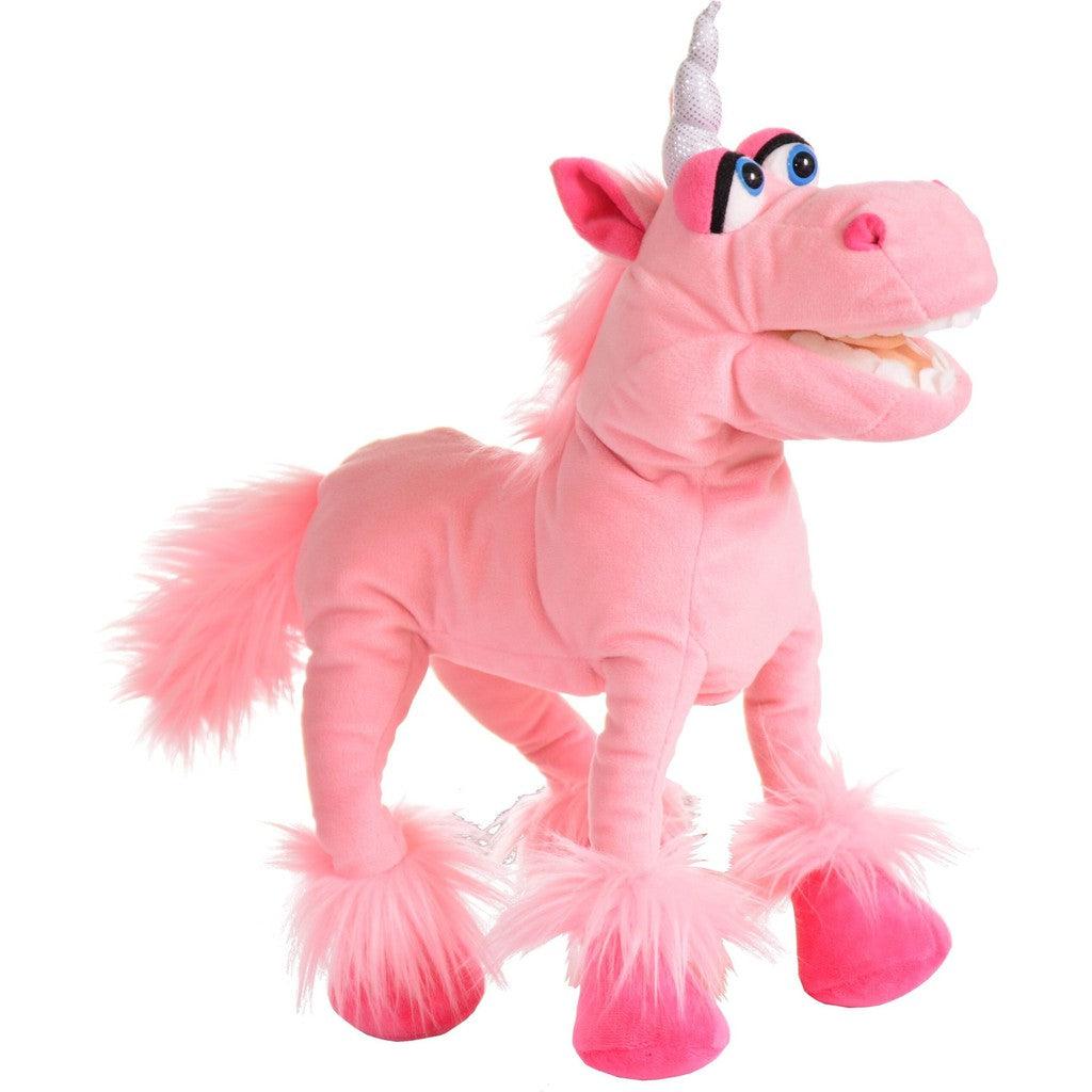 A cute plush pink unicorn toy with cotton candy-colored mane, wide eyes, and fluffy tail, flaunting pink hooves.