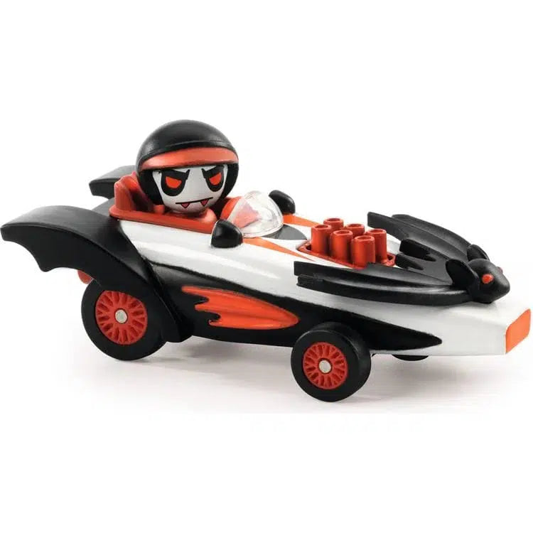 Meet Speed Bat, a toy car with a vampire-themed design perfect for wild night races. This crazy car boasts a striking black, white, and red look, complete with bat wings and a fang-bearing figure in the driver's seat.