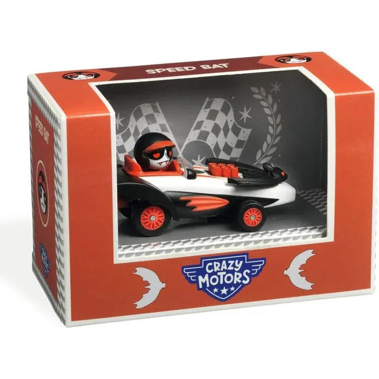 Toy car with a driver wearing sunglasses in a box labeled "Crazy Motors Speed Bat." The packaging showcases checkered flags and bat motifs, capturing the spirit of crazy cars and wild night races.