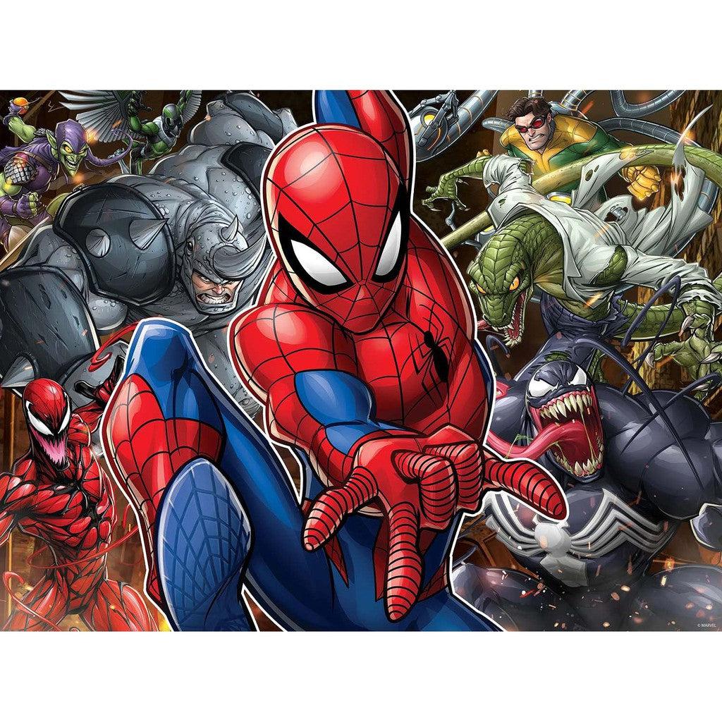 Illustration of Spiderman in a red and blue suit, striking an active pose amid villainous characters in dynamic positions, evoking the vibrant excitement of a Marvel comic scene.