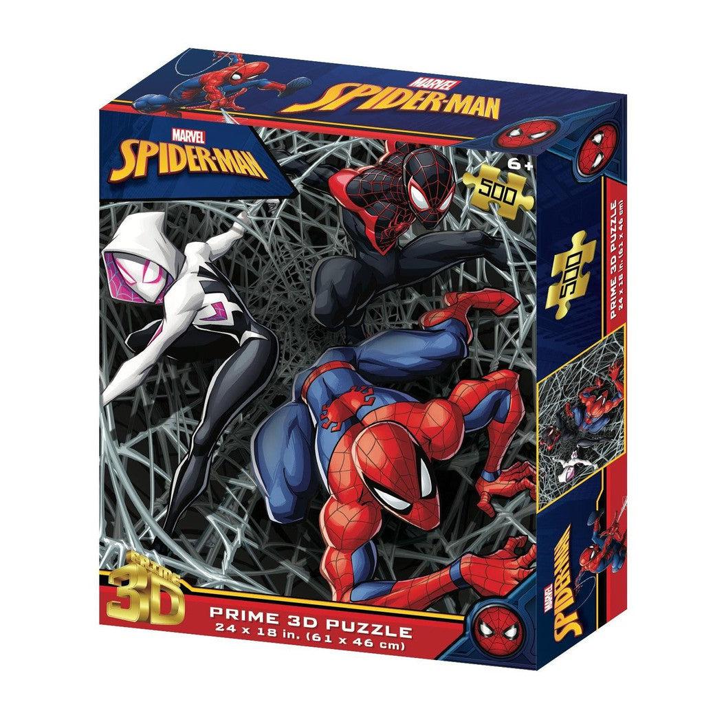 This captivating 3D puzzle box by Prime 3D Ltd showcases Spider-Man, Spider-Gwen, and Miles Morales in dynamic poses against a webbed backdrop.