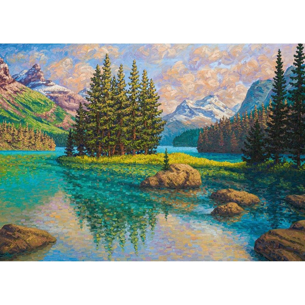 This Ravensburger jigsaw puzzle captures a serene painting of a tranquil lake, where an island of pine trees is surrounded by majestic rocky mountains and a cloudy sky. The 1000-piece masterpiece beautifully reflects the vibrant colors and natural beauty of the landscape.