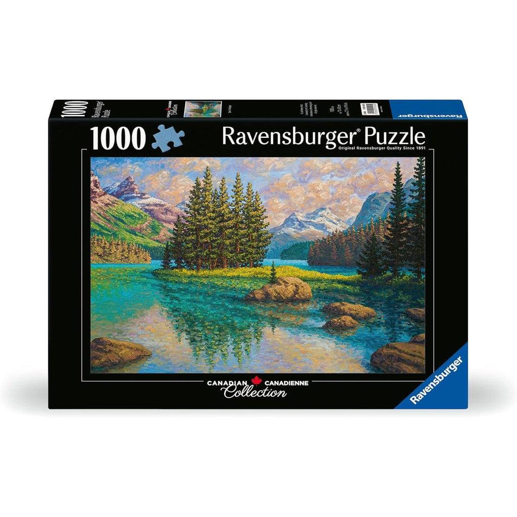 Experience the tranquility of nature with this 1000-piece Ravensburger jigsaw puzzle, perfect for adults. Immerse yourself in the serene landscape featuring a shimmering lake, lush trees, and majestic mountains in the background.