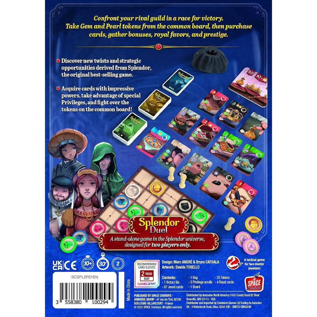 Back cover of Splendor Duel. Shows soma characters and game pieces