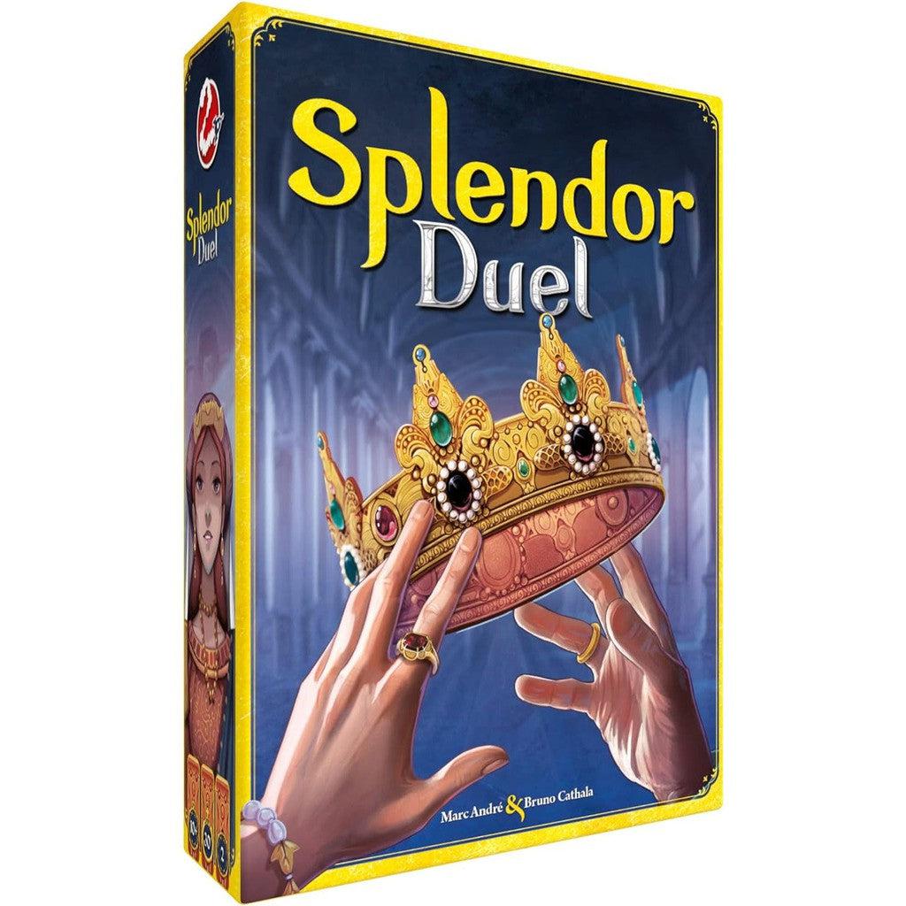 Splendor Duel, a bo with a yellow border and blue background. Two hands reach for a crown