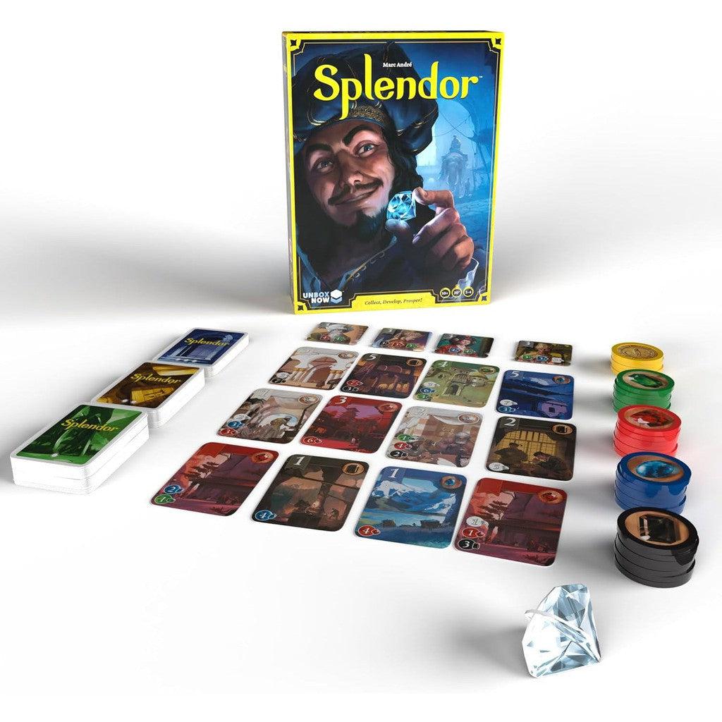 The Space Cowboys' Splendor Board Game elegantly displays its box, card decks, tokens, and a striking plastic gem on the table, inviting players to engage in a captivating gem minding strategy.