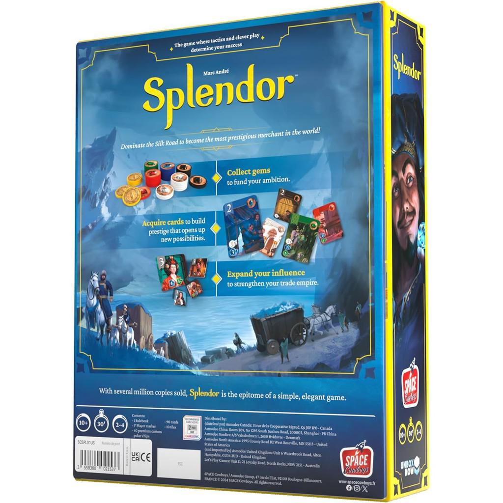 The back of the Splendor Board Game box by Space Cowboys features rules, objectives, and illustrated components. It includes details on the Gem Minding Strategy, acquiring cards, and expanding influence to master this captivating game.