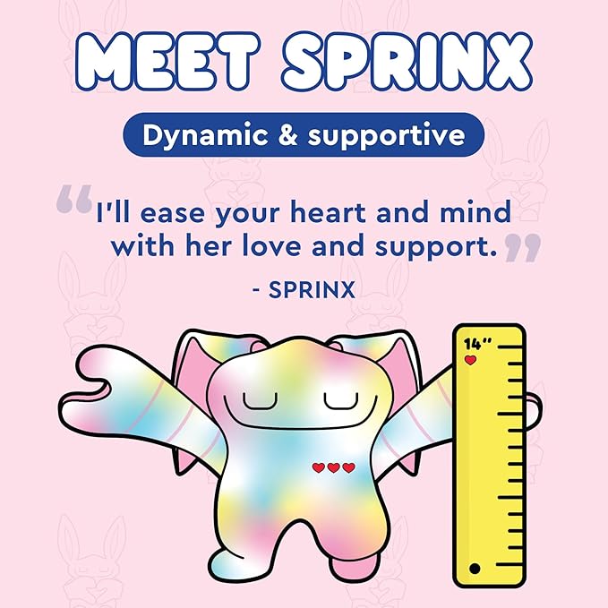 Sprinx, a delightful cartoon character with colorful wings and hearts on its chest, bringing comfort and warmth. Accompanied by an inspiring quote and a measuring ruler, Sprinx captures the imagination with its gentle charm.