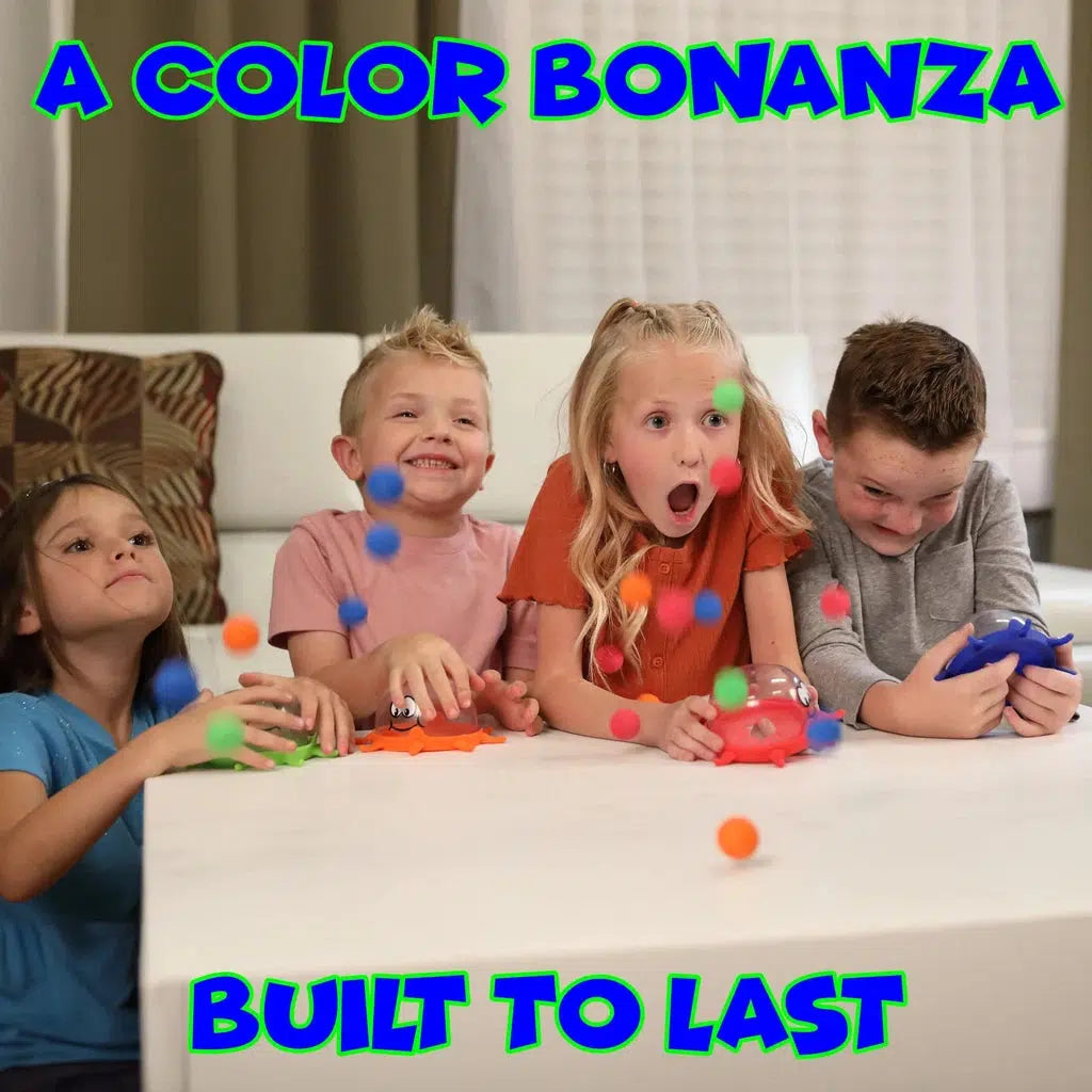 Four children enthusiastically play a color-matching adventure with vibrant balls on a table. The image features the text "A Color Bonanza" and "Built to Last," highlighting this educational game.