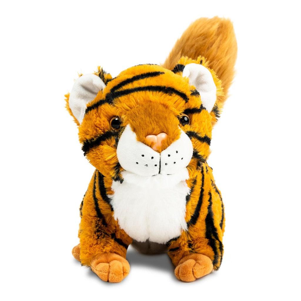 A plush toy tiger with orange and black stripes, white face, and a fluffy tail, sitting upright.