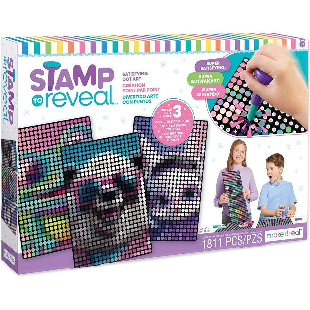 Box of kit called Stamp to Reveal, shows three finished projects that are murals of dots. Two children show their art and a hand stamps on the paper