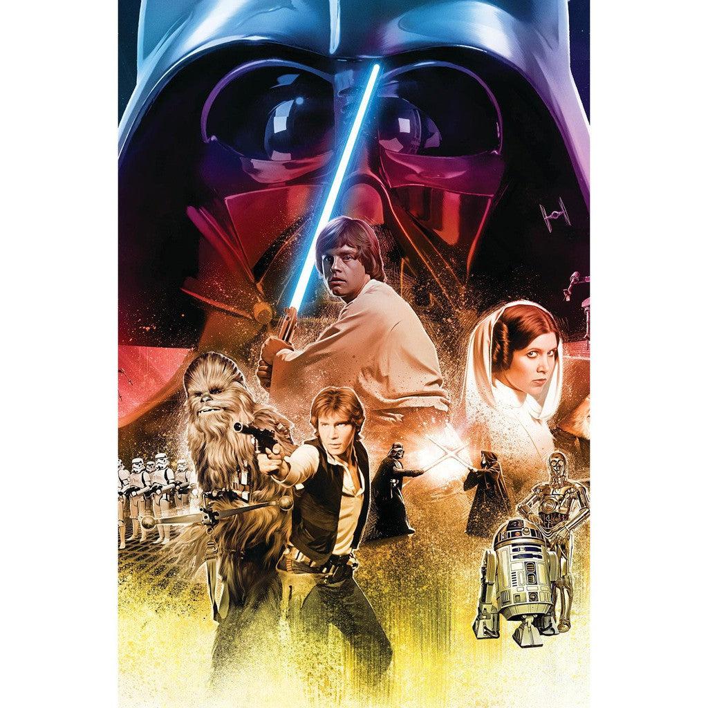 This Star Wars Classic poster showcases iconic characters, including a person with a lightsaber, furry creature, and droid in dynamic poses against a dark, colorful background. 