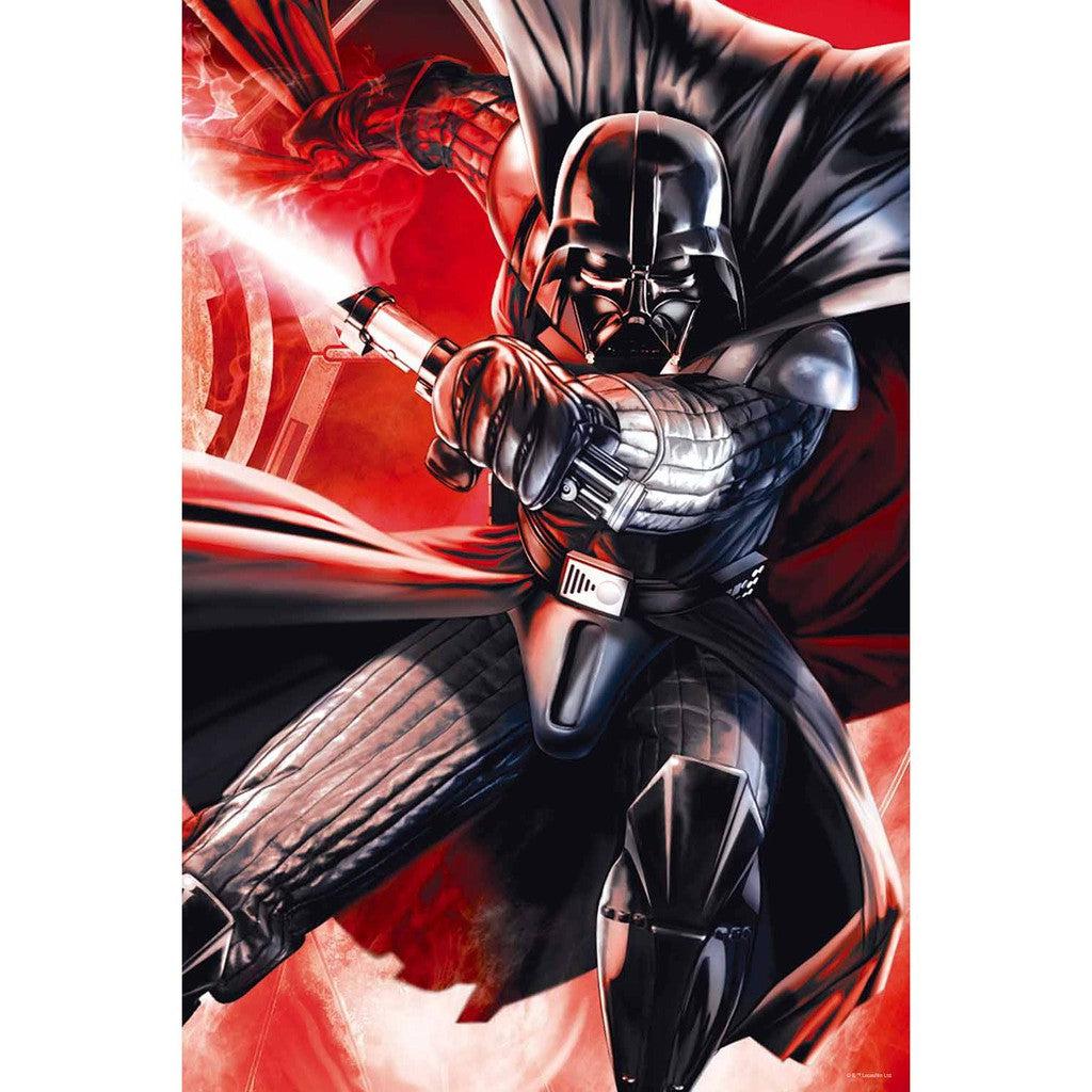 Clad in black armor and helmet, Darth Vader brandishes a red lightsaber against a crimson backdrop, evoking the iconic Star Wars saga.