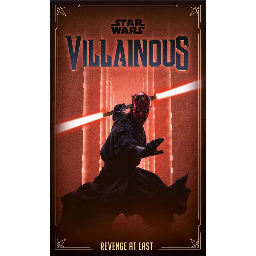 Game box with Darth Maul holding a red lightsaber, titled "Villainous: Revenge at Last," with a "Star Wars" header.