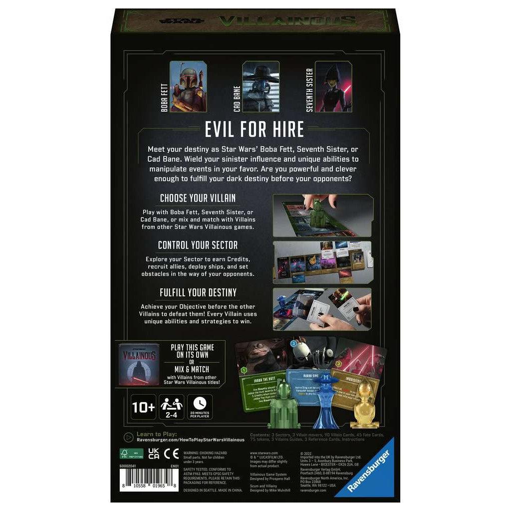 Back of a game box with the title "Evil for Hire," featuring Star Wars villains Boba Fett, Seventh Sister, and Cad Bane. It details game features, player abilities, and visual highlights from the game.