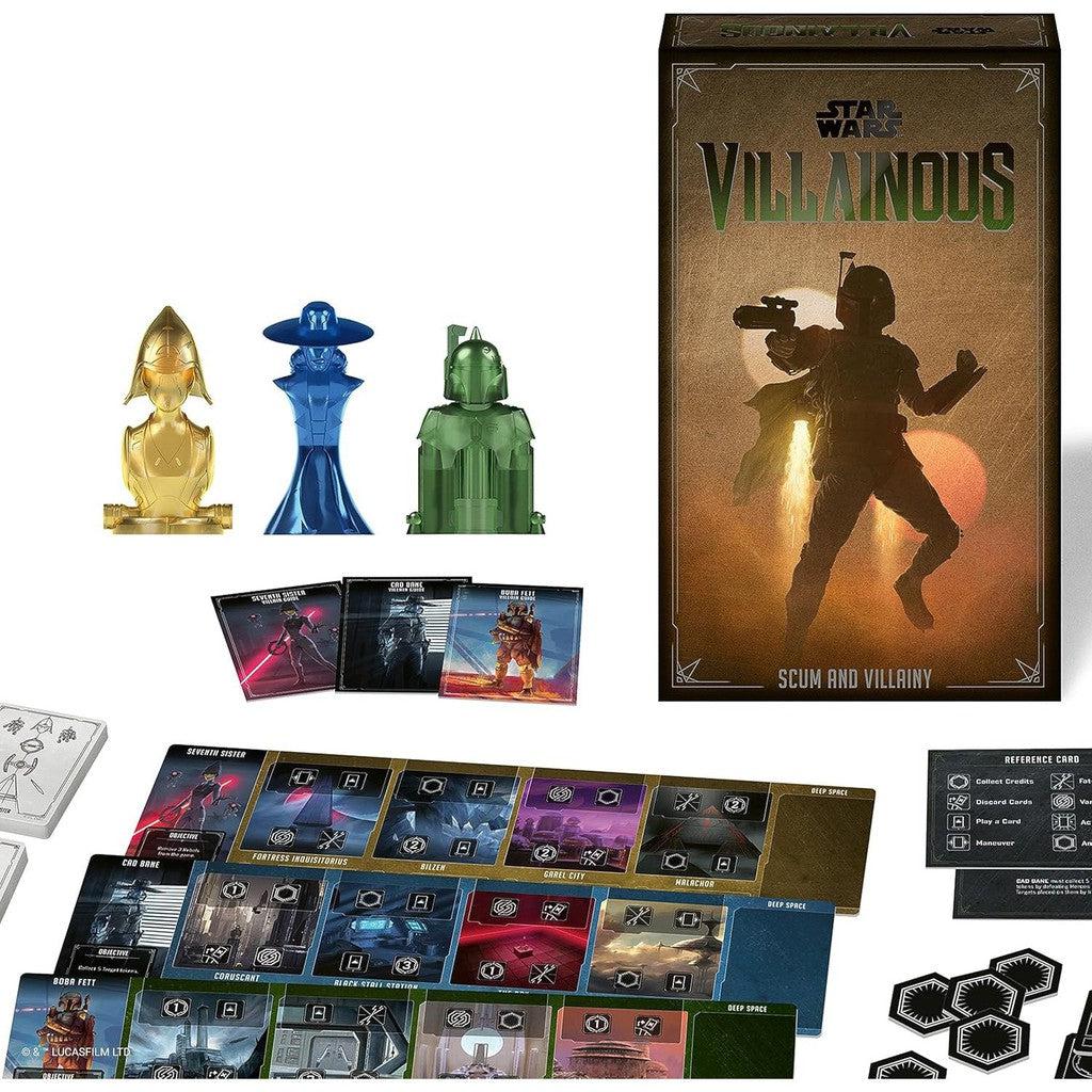 Box and components of "Star Wars Villainous: Scum and Villainy" strategy board game, including character movers, cards, tokens, and game boards with unique villain abilities.