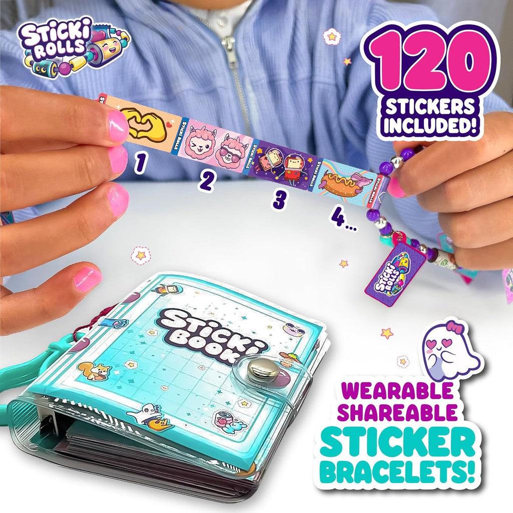 A person holds a sticker bracelet from a "Sticki Rolls" set, showcasing the vibrant, wearable designs of these shareable treasures. Ideal for any Sticki Book enthusiast, each set includes 120 colorful stickers to mix and match.