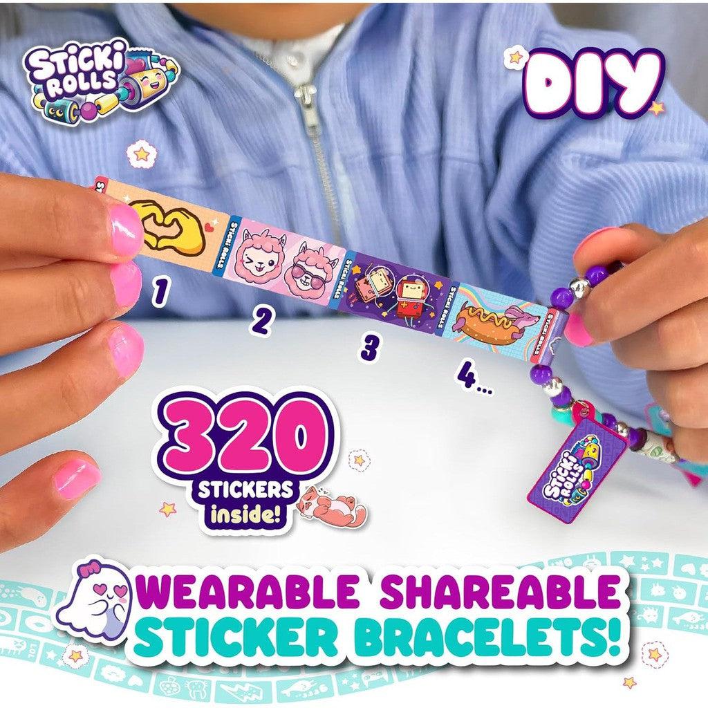 A person in a blue jacket holds a DIY Sticker Jewelry Kit strip with colorful designs. Text highlights "320 stickers inside" and "wearable shareable sticker bracelets." Perfect for Toys &amp; Games enthusiasts, this is a fun way to create unique DIY bracelets and necklaces.