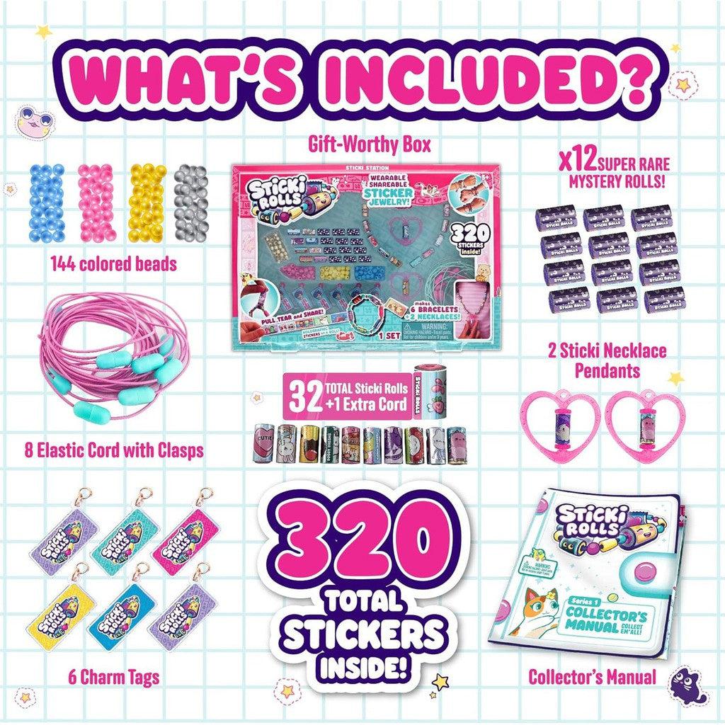 Introducing our DIY Sticker Jewelry Kit: This sticker set package contains a gift box, 320 Mini Stickers, colored beads, STICKI ROLLS, necklace pendants, elastic cords, charm tags, and a collector's manual—all displayed on a sleek grid background. Perfect for creative exploration!