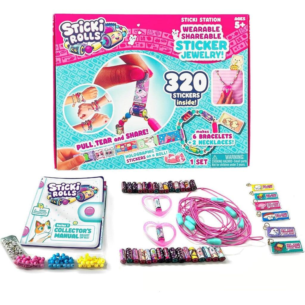 A person in a blue jacket holds a DIY Sticker Jewelry Kit strip with colorful designs. Text highlights "320 stickers inside" and "wearable shareable sticker bracelets." Perfect for Toys &amp; Games enthusiasts, this is a fun way to create unique DIY bracelets and necklaces.