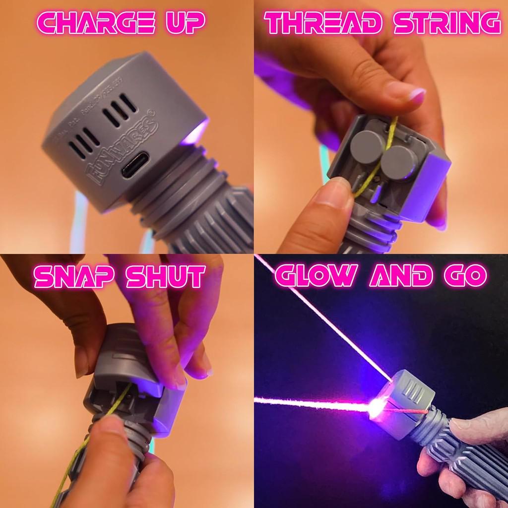 Instructions for endless entertainment: Charge your Glowing String Toy, thread the string, snap it shut, and watch as it dazzles with mesmerizing visual effects.