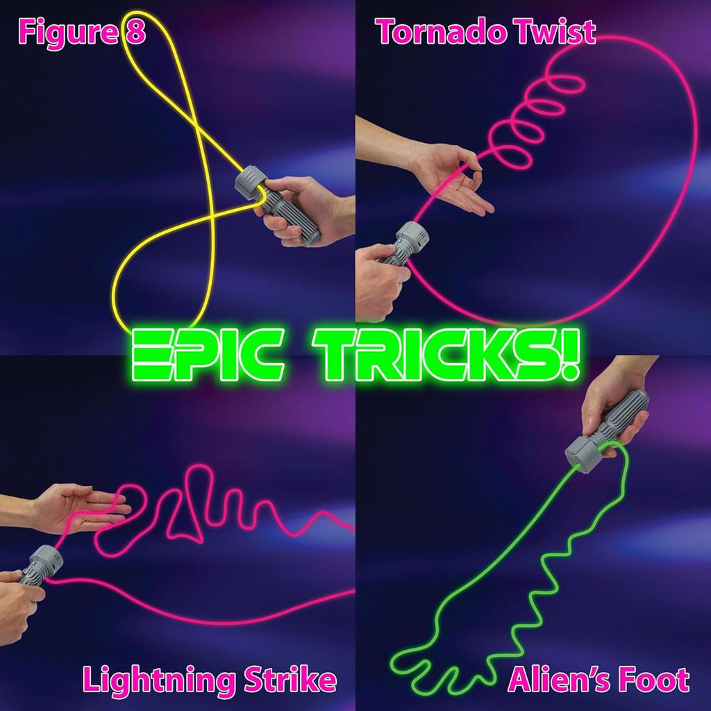 Four tricks using glow sticks: Figure 8, Tornado Twist, Lightning Strike, and Alien’s Foot, showcased with neon outlines against a dark background. Bold text reads "Epic Tricks for Endless Entertainment!" Perfect under a blacklight for an electrifying show!