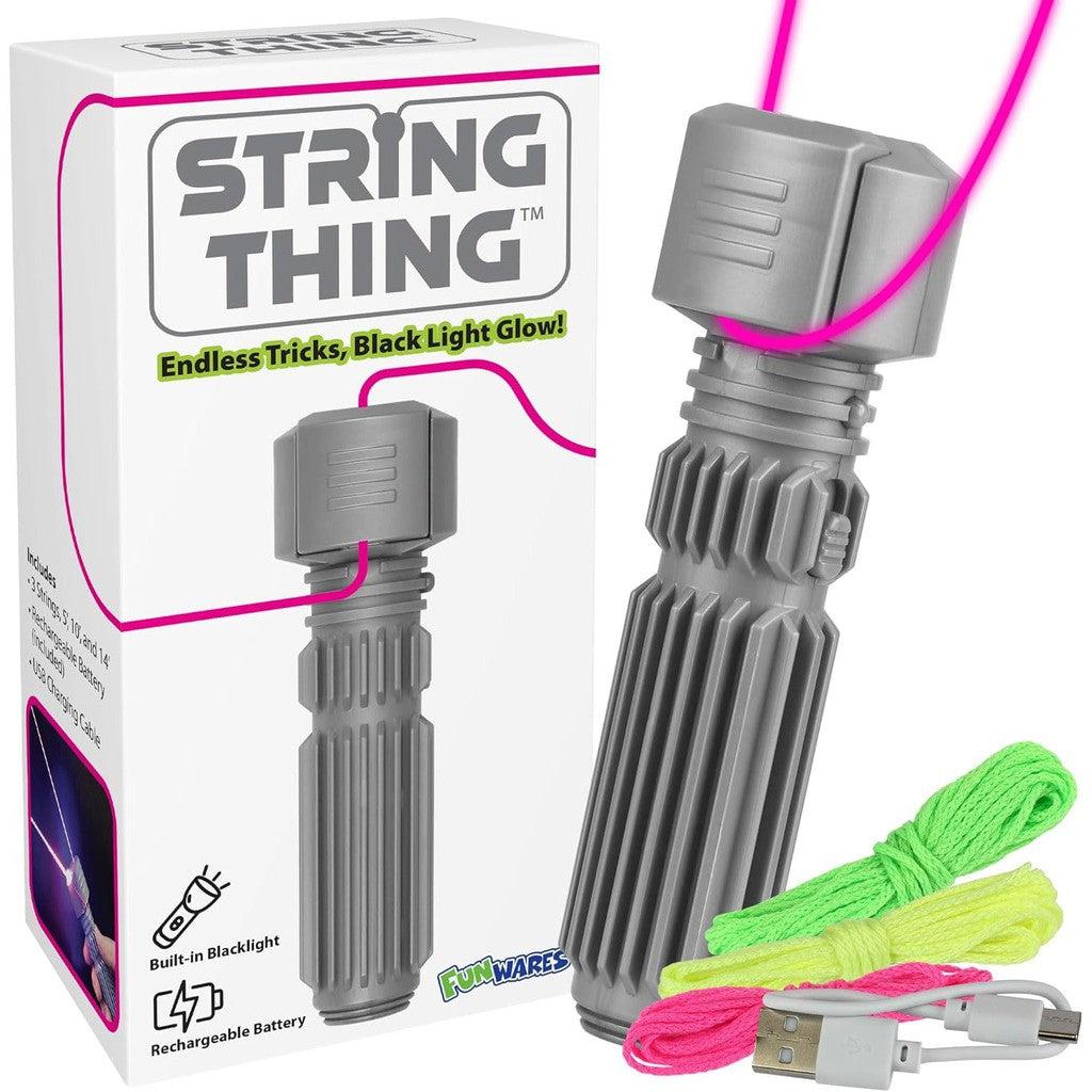 Experience the ultimate String Toy adventure with "String Thing." Featuring a gray handle device and vibrant neon strings, it includes a USB cable for seamless play. Watch the Glowing String come alive with black light, enhancing visual effects and unlocking endless tricks.