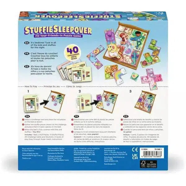 Box and components of "Stuffie Sleepover" puzzle game featuring colorful animal and character pieces.