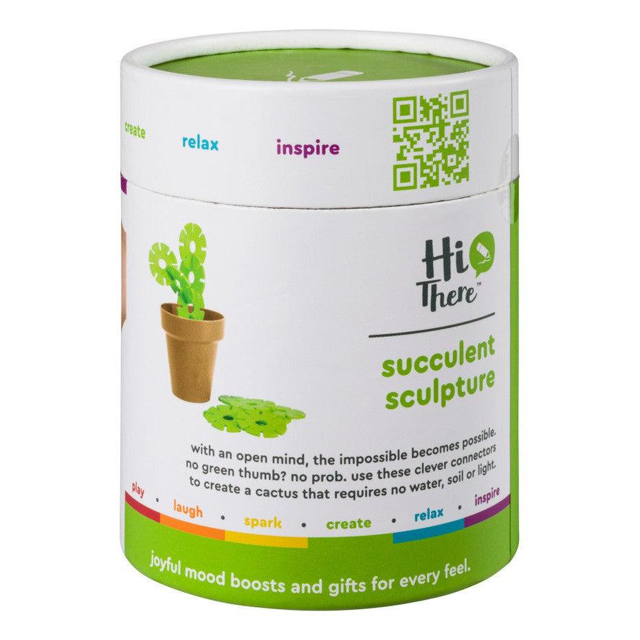 The round container labeled "Hi There" offers a Toysmith succulent sculpture kit, perfect for crafting a cactus without water or soil. A witty gift idea that encourages creative play and mood boosts!.