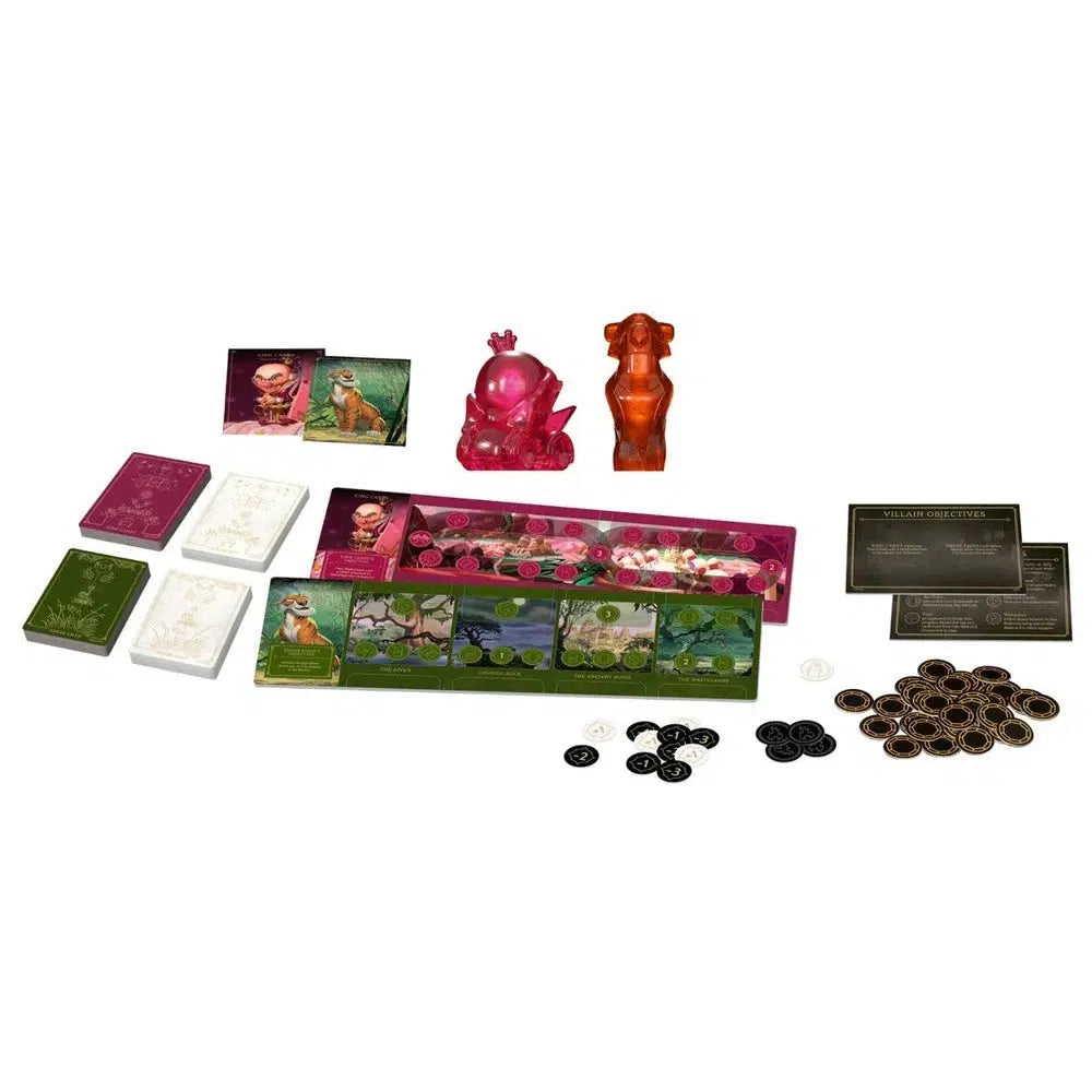 Image of a board game setup with character cards, decks of cards, tokens, a game board, and two painted figurines from the new Villainous expansion, Sugar and Spite.