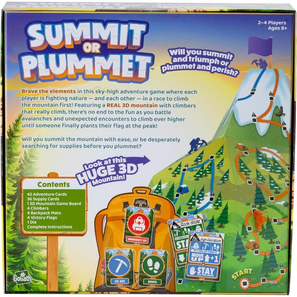 The Goliath Summit or Plummet Game features a giant 3D mountain piece in a thrilling adventure theme. This Toys &amp; Games set includes cards, dice, and instructions for 2-4 players, ages 8 and up, challenging them to climb to victory.