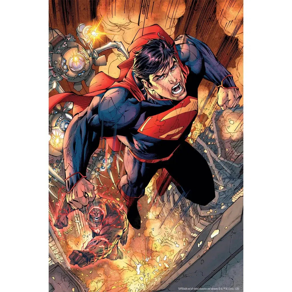 A dynamic comic illustration of Superman, adorned in a red cape, soaring determinedly through a fiery chaos, pursued by a relentless mechanical foe. This captivating scene invokes the thrilling artistry synonymous with DC Comics—a perfect subject for a 3D Lenticular Jigsaw Puzzle.