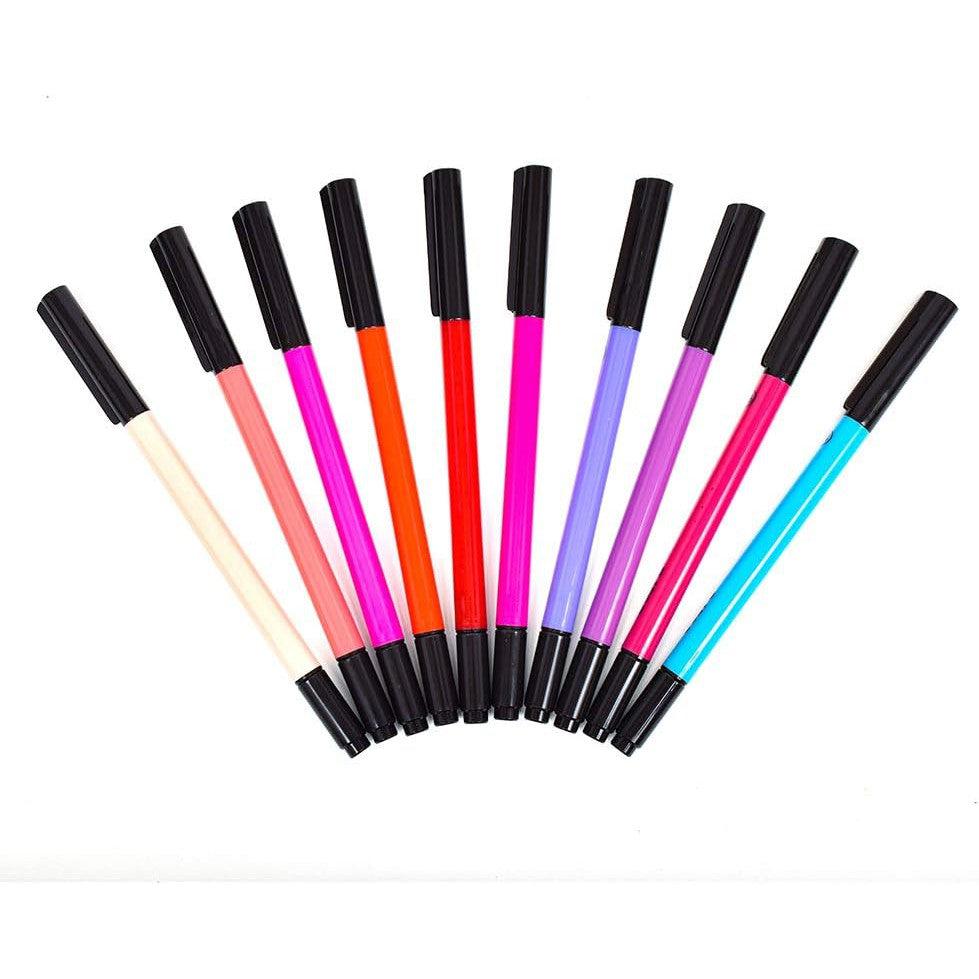 A set of twelve colored felt brushes with black caps is arranged in a semicircle on a white background, perfect for arts and crafts projects.